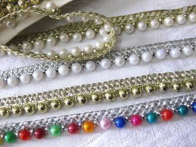 Borte mit Perlen, weiß + creme + gold + multi , lfm, 14mm breit,   R17.1