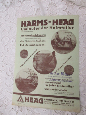 1932 Reklame : HARMS-HEAG  umlaufender Halmteiler / Blatt Din A 4
