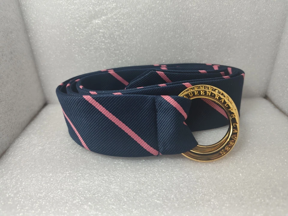 Ralph Lauren Blue Pink Fabric Belt Scarf Tie Embossed Brass Rings Approx 38.5" - Image 2 of 4