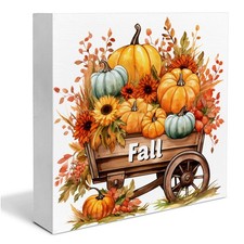 Fall Decorations Pumpkins Flowers Wooden Block Sign Indoor Tabletop Gift