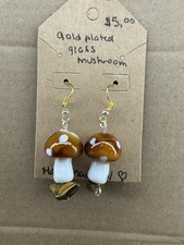 Brown & White Glass Mushroom Dangle Earrings Gold Plated Hook and Tigers eye