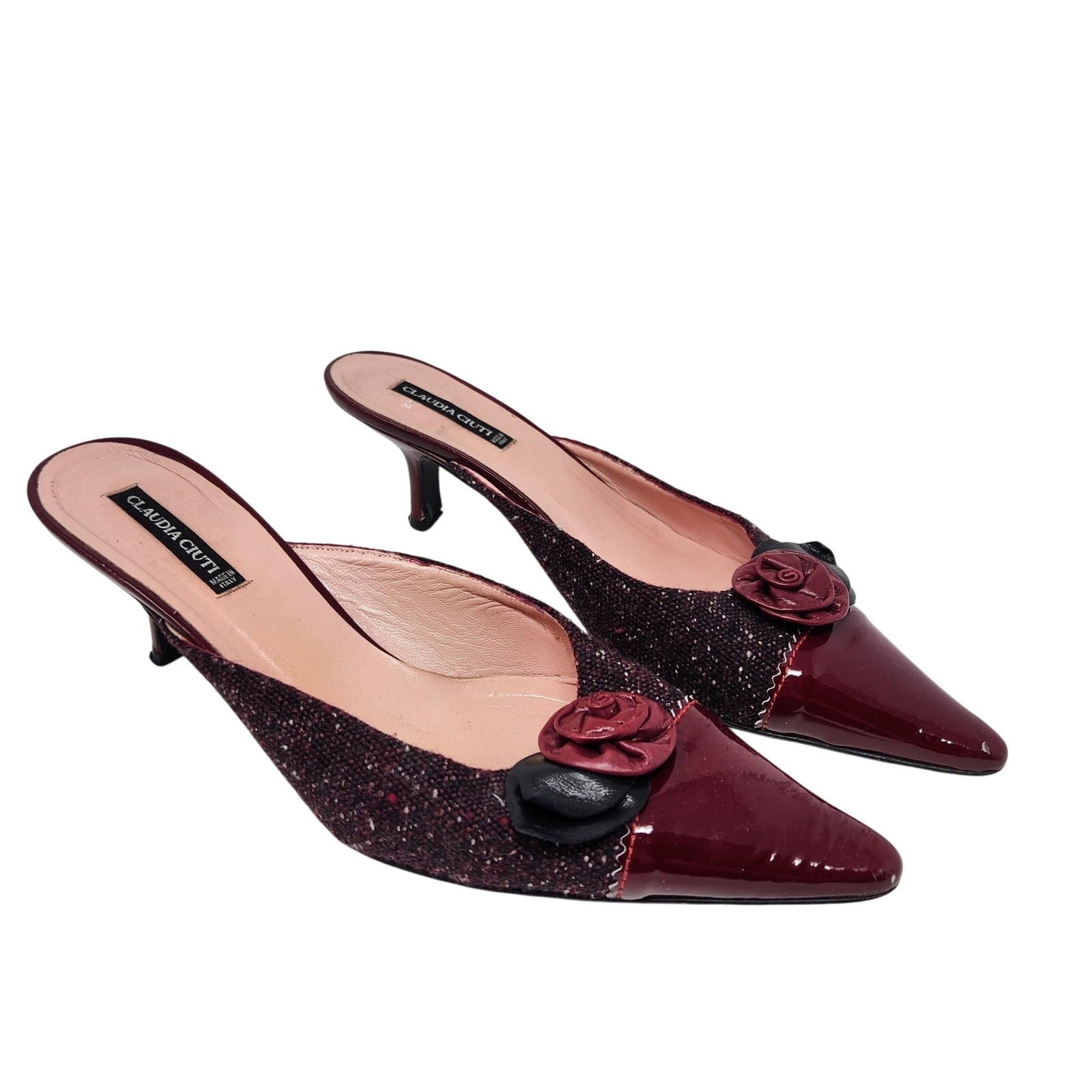 Claudia Ciuti Red Pointed Toe Floral Leather Kitten Heel Pumps Sandals Size 9.5M