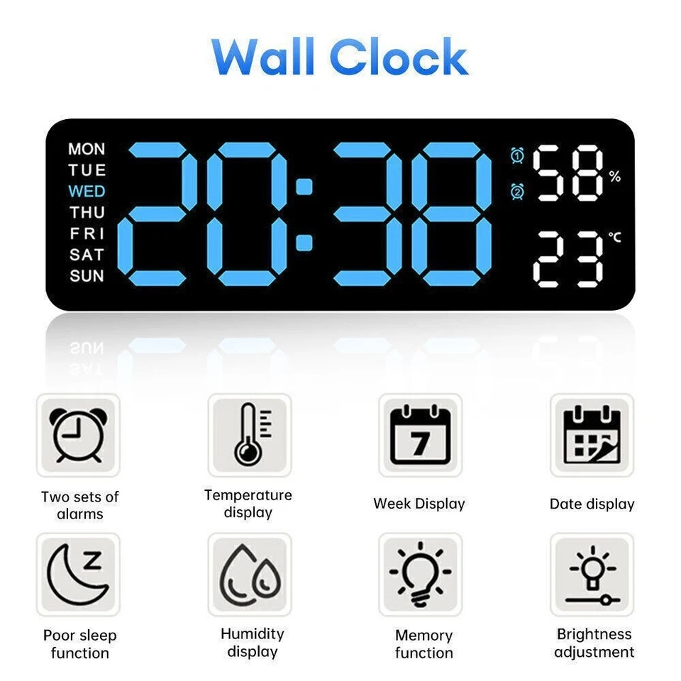 LED Digital Large Display Wall Desk Alarm Clock With Calendar Temperature Date - Image 4 of 4