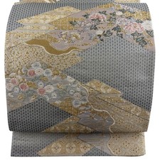 Japanese Kimono Fukuro obi excellent item pine bark rhombus animal gold thread