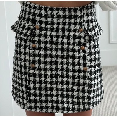 (CL) Mi Ami Black White Houndstooth Tweed Mini Skirt Gold Buttons XS