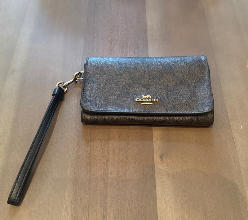 Coach Dark Brown Signature Canvas Leather Wristlet Wallet G1892 F32484