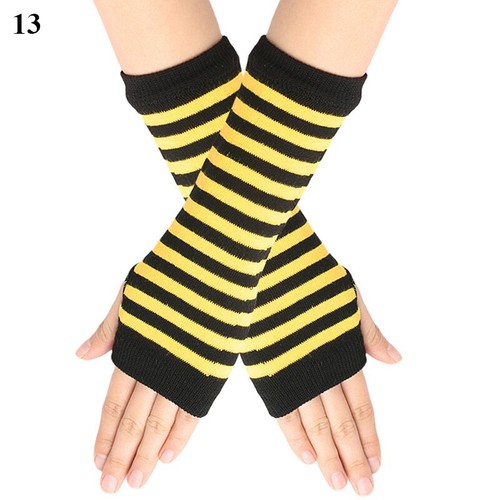 Fingerless Thumb Gloves Arm Warmers Striped Ladies Women Mitten 25 colors - Picture 25 of 37