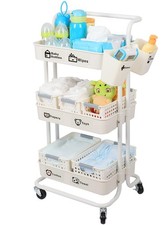 Baby Diaper Caddy Organizer Cart, 3-Tier Mobile Utility Rolling Cart with Bas...