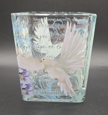 Teleflora Glass Vase w/ white dove & Delphinium Flowers. French Script. Square