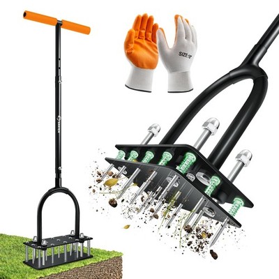 Saker Manual Lawn Aerator Tool, with 15 Iron Spikes Adjustable Height, Orange