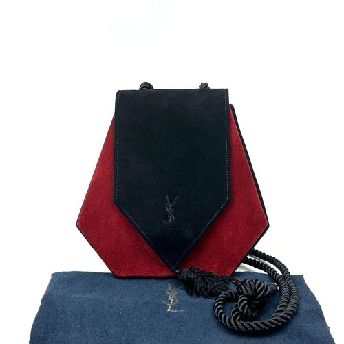 Yves Saint Laurent YSL Suede Shoulder Bag Black Red Bicolor Tassel