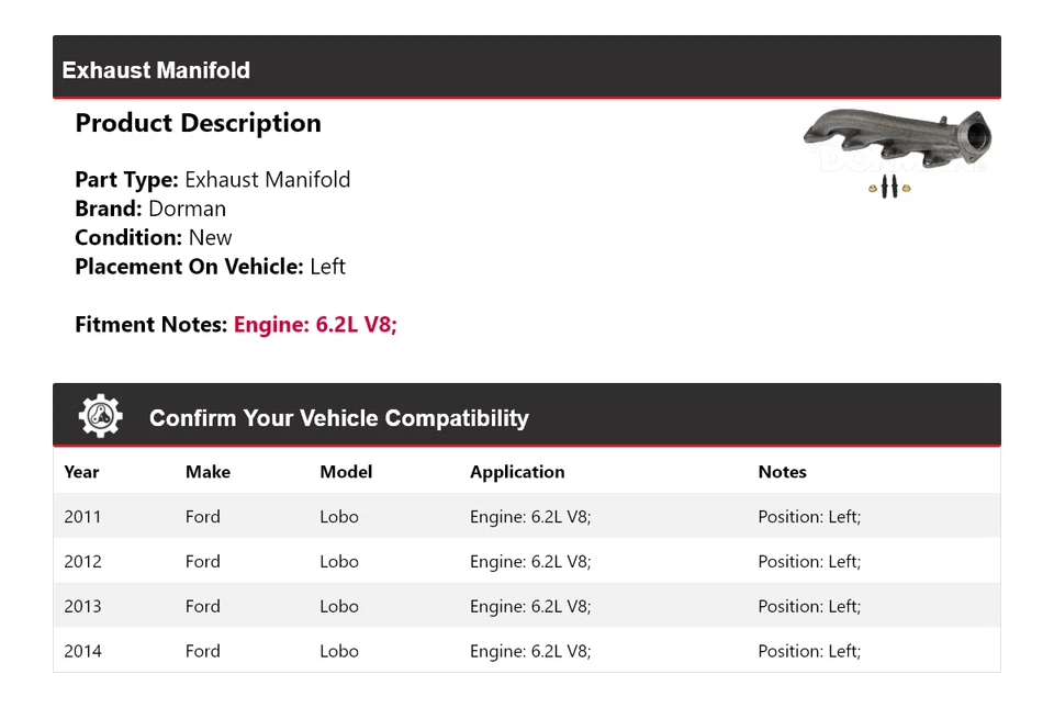 Colector de escape izquierdo Ford Lobo 2011-2014 6,2 L V8 Dorman 2012 2013 Foto 2 de 4