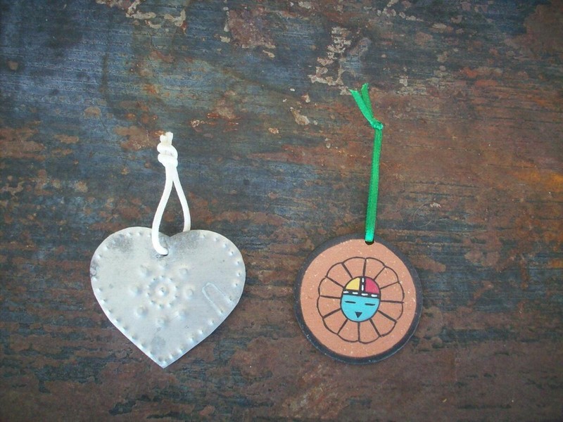 Two Christmas Ornaments - Katchina Face and Tin Heart - Hand Made