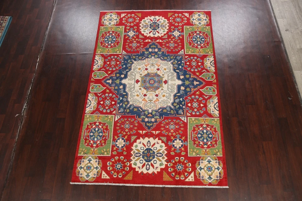 Geometric Super Kazak Oriental Area Rug Handmade Wool Vegetable Dye 6x9 Carpet - Image 2 of 4
