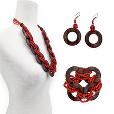 Red Seed Bead Wooden Necklace Stretch Bracelet Earrings 3-Pc Jewelry Set 18 inch
