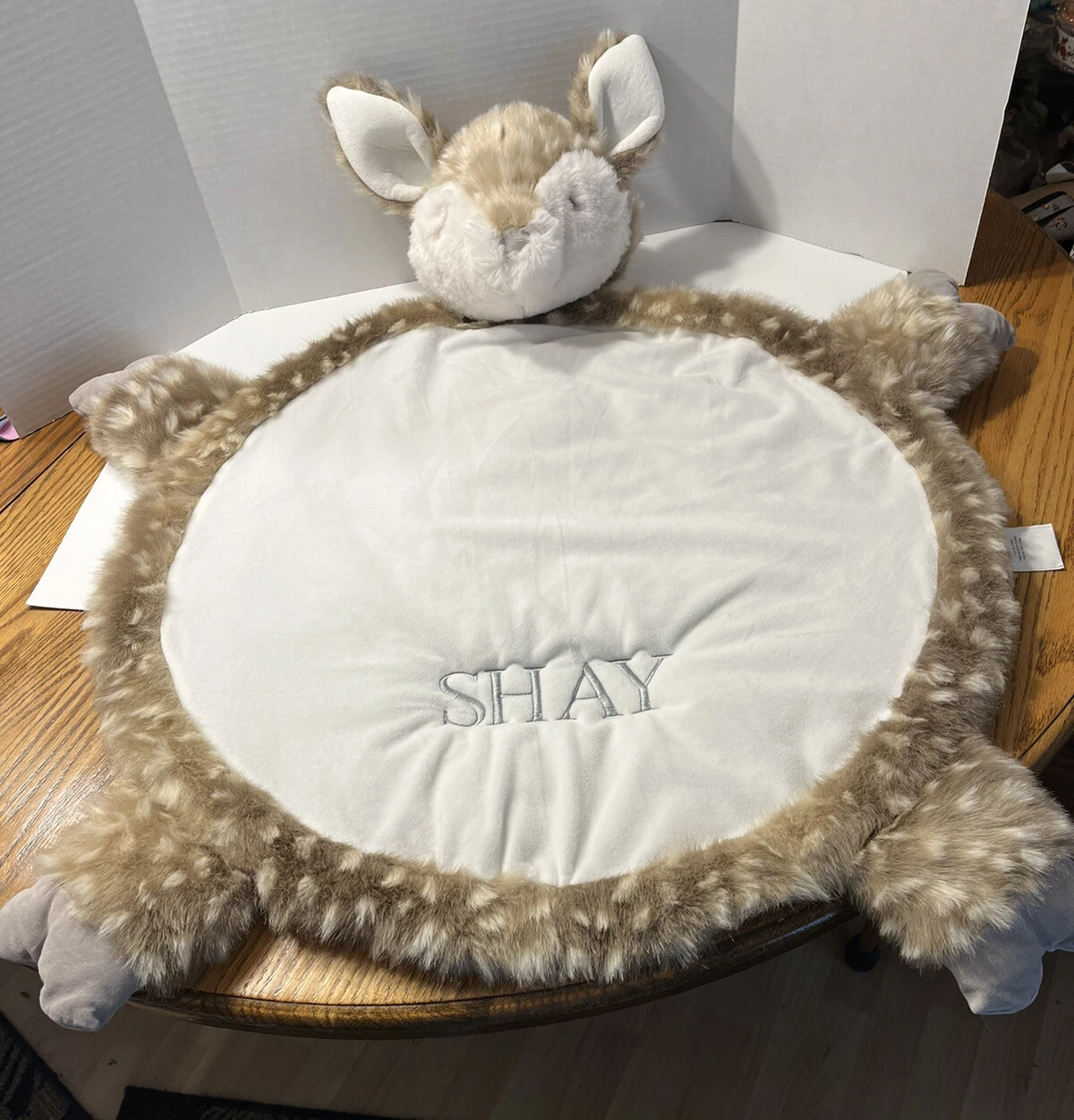 Pottery Barn Kids Baby Fawn Faux-Fur Plush Play Mat Monogrammed “Shay” Retired