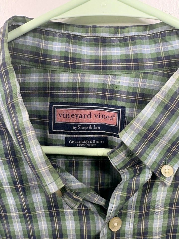 Vineyard Vines Collegiate Shirt Green Plaid Cotton Button Up Men's SZ L - Image 3 of 4