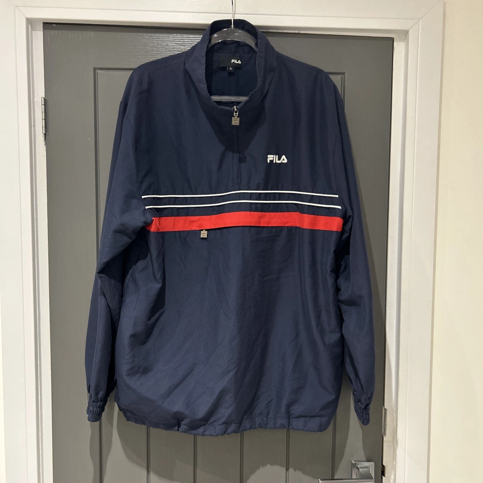 Fila 1/4 Zip Jacket Men Large Blue Winter Pullover Spell Out Logo Windbreaker XL
