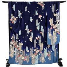 Woman Japanese Kimono Furisode Silk Cherry blossom Arrow feather Blue purple 171