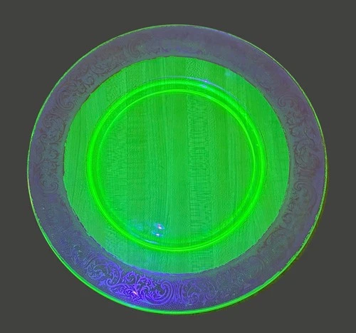 Vintage Uranium Vaseline Depression Glass Gold Band 10.5”  Plate Glows