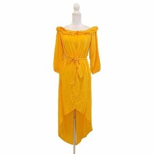 Yellow Off Shoulder Women Medium High Low Boho Ruffled Neckline Dress Beachy
