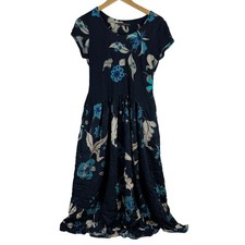 Peruvian Connection Moonflower Dress Navy Blue Floral Short Sleeve Midi Size S