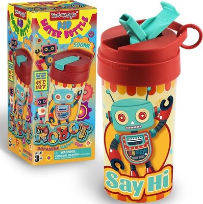 17oz Robot Kids Water Bottle Leak Proof BPA Free Straw Toddler Cup