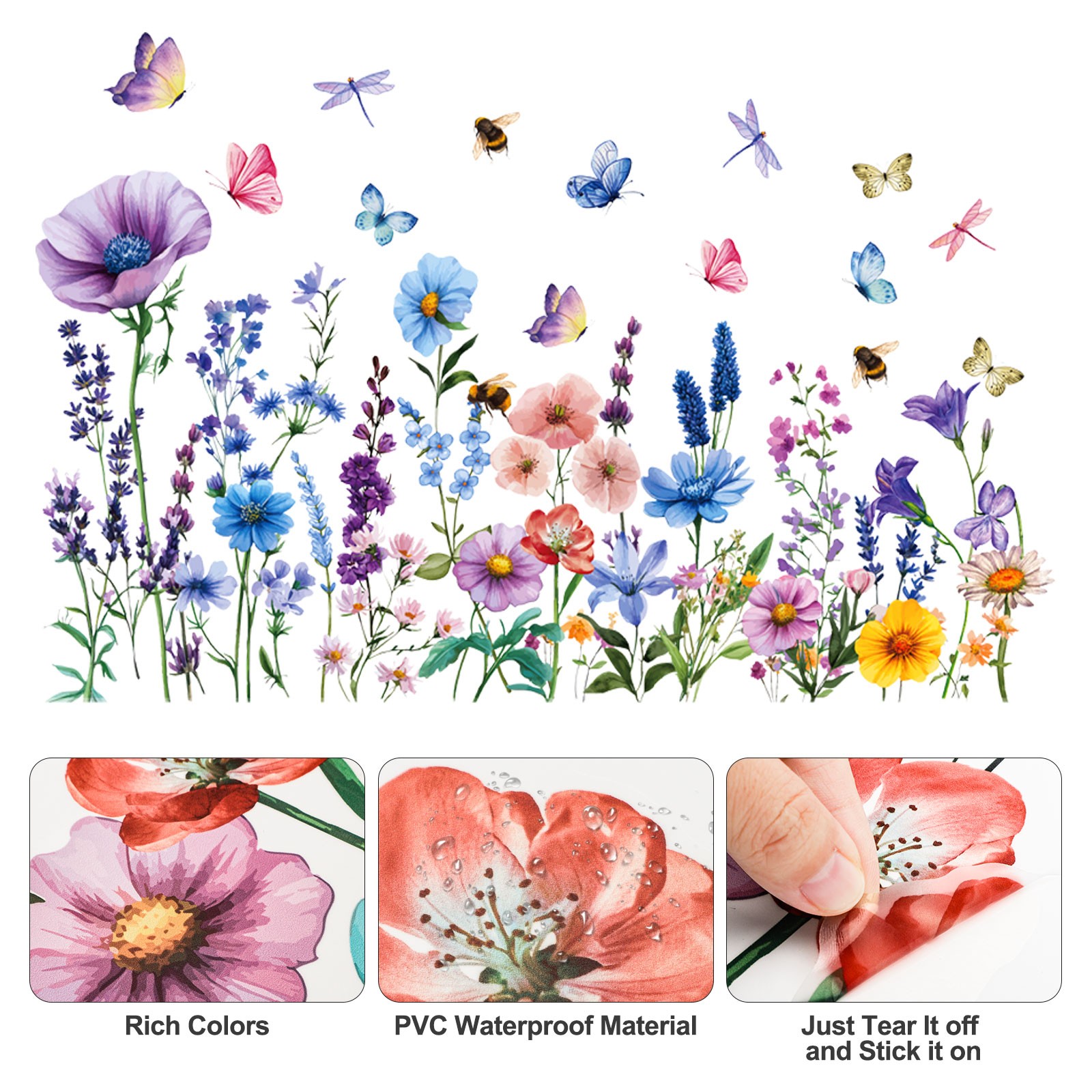 Watercolor Floral Wall Stickers with Colorful Dragonflies, Peel and Stick Mural