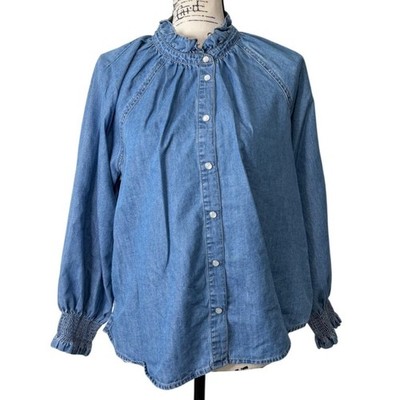 Veronica Beard Womens Size L Calisto Chambray Top Ruffle-Neck Button-Up Blue