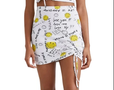 Desigual X Smiley Damen Rock Weiß Print Stretch Kurz 22SWFKX0 - Bild 1 von 4