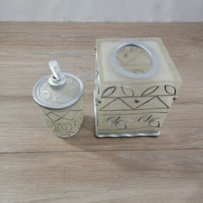 Wamsutta Monique Lotion Bottle and Tissue Cover Set Frosted Glass Silver Trim