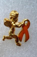 MS Awareness orange ribbon, running angel pin ,gold plated, made in the USA