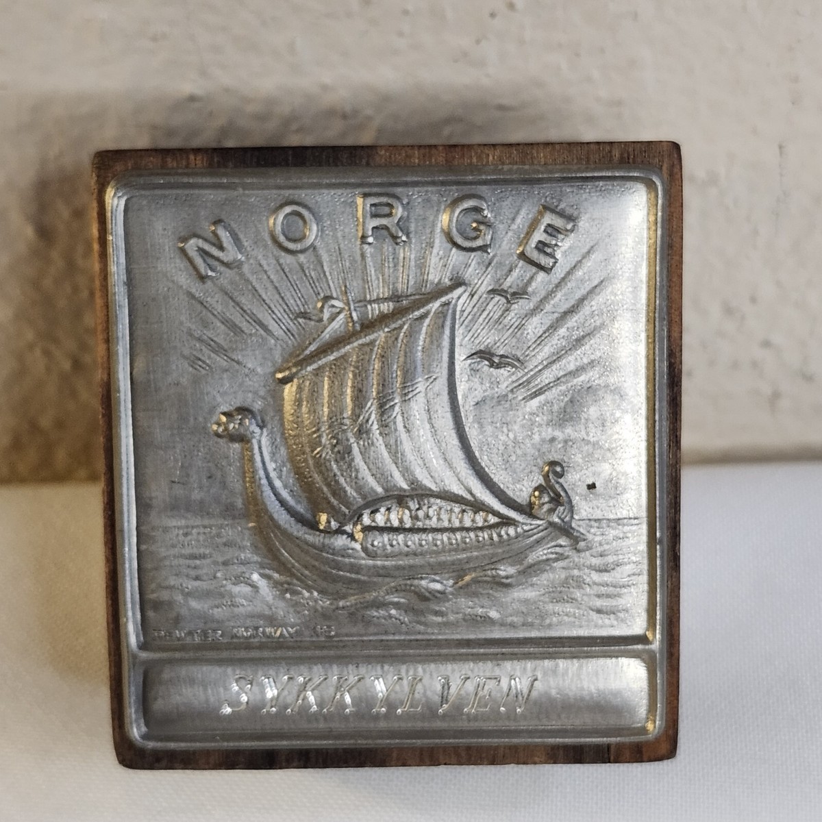 Norwegian Matchbox Holder Wood Slip Case Pewter Face Viking Ship