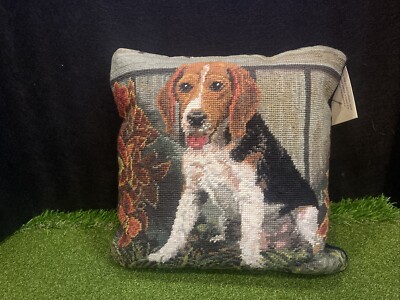 Wool Needlepoint Throw Pillow Petit Point Technique Beagle Dog Cushion 14x14