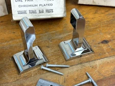 NOS Vintage Chromium Plate Square TOWEL BAR Posts, Brackets w/ Screws, Complete!