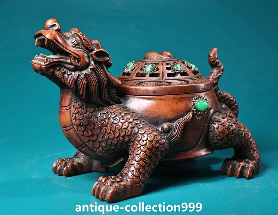 9.4"Old Red Copper Inlay Gems Eight Trigrams Dragon Turtle Incense Burner Censer - Image 2 of 4