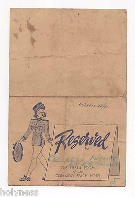 VINTAGE TABLE RESERVATION CARD / CONDADO BEACH HOTEL / PUERTO RICO