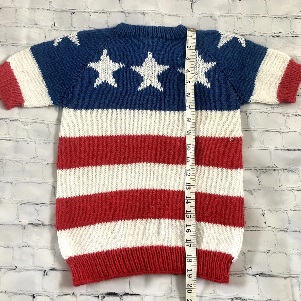 Hand Knit Home Kids USA American Flag Star Short Sleeve Sweater Size 8/10 Merica - Image 4 of 4