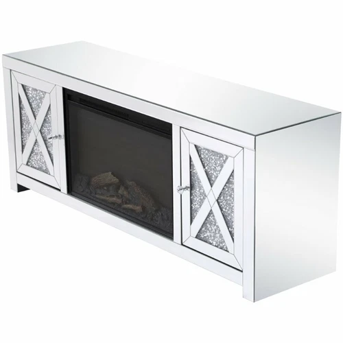 Elegant Decor Modern 59" Clear Silver Mirrored Faux Log Fireplace TV Stand - Picture 4 of 10