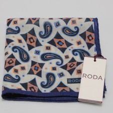 Roda NWT 100 Wool Pocket Square Blue / Cream / Orange Geometric Paisley