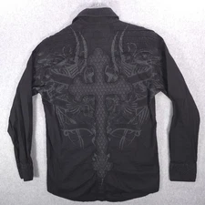 Roar Black Embroidered Western Cross Button Up Goth Casual Shirt Mens Small
