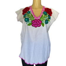 Blusa Mexicana Blanca Bordada Floral Artesanal Arte Popular Chiapas Boho Festival