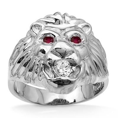 Echt 18K Weißgold Herren Löwe Ring Diamant Mund Rubin Augen Größe 5 - 15