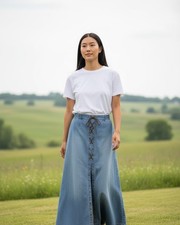 Vintage Jean Shout Skirt Womens M Blue Denim Lace Up Maxi Front Slit Boho Hippie