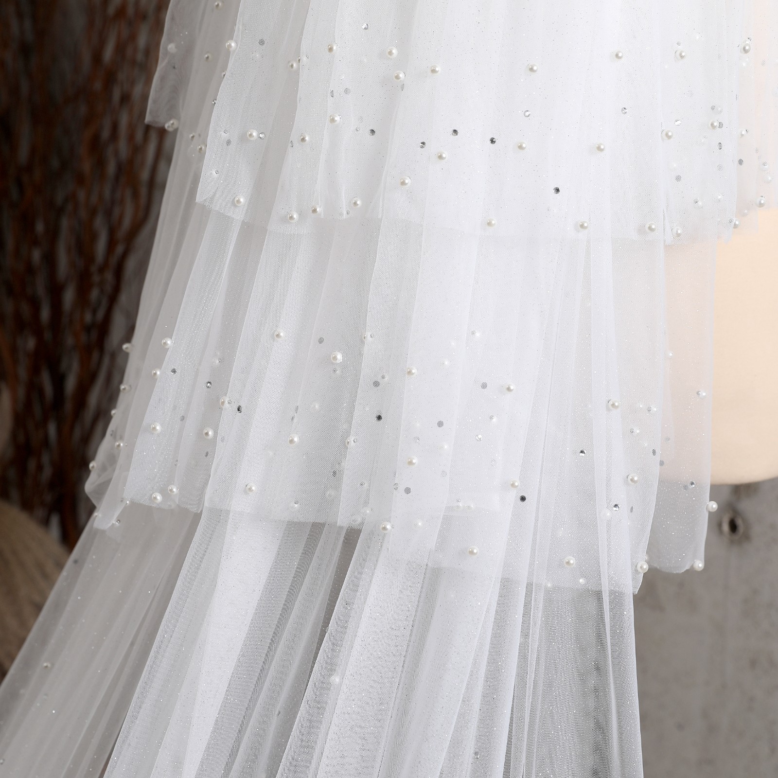 Shining Tulle with Pearls Long Wedding Veil Cathedral Veil Romantic Veil thumbnail 4