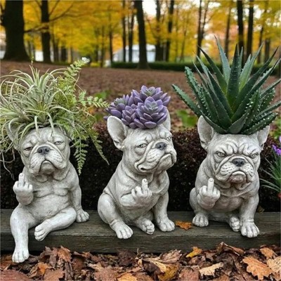 675★funkydog White モルタル雑貨　（お任せ植物付き） Funny French Bulldog Planter, Creative Dog Pot, Garden Statue