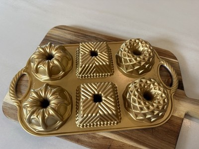 Nordic Ware GEO Mini Bundtlette Pan 6-Cavity Cast Aluminum GOLD Nonstick USA