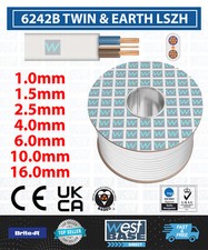 6242B TWIN & EARTH LSZH 1.0mm 1.5mm 2.5mm 4mm 6mm 10mm 16mm CABLE 100m 50m WHITE