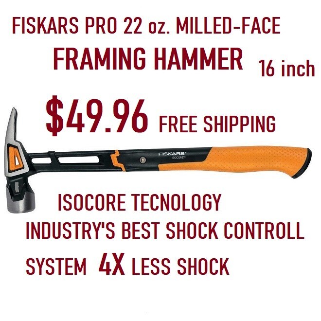 Fiskars IsoCore 22-oz Milled Face Steel Head Steel Framing Hammer Fiskars IsoCore 22-oz Milled Face Steel Head Steel Framing Hammer