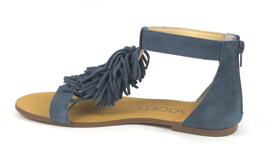 Sole Society Suede Fringe Flat Sandals Koa Vista Blue
